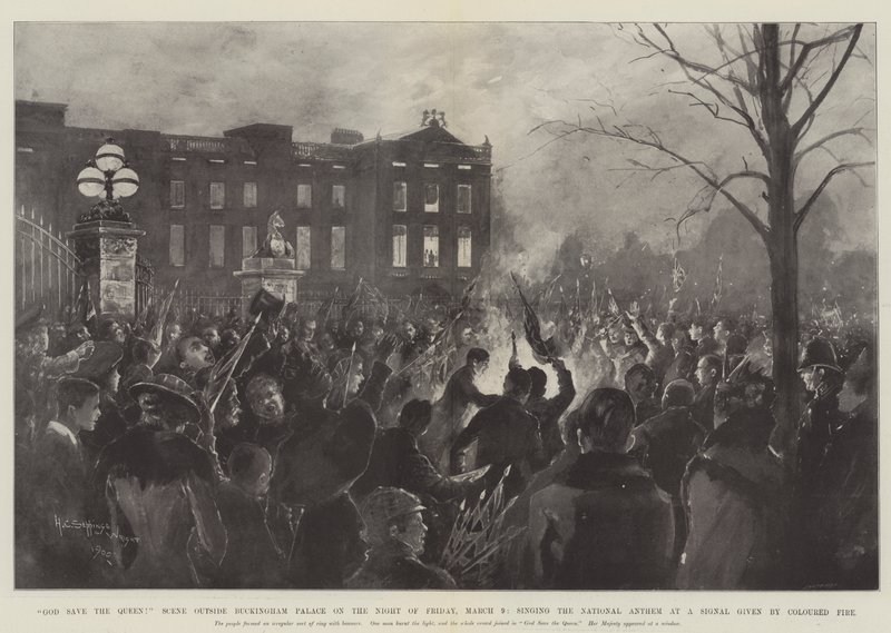 Gott schütze die Königin! Szene vor dem Buckingham Palace in der Nacht von Freitag, 9. März, das Singen der Nationalhymne auf ein Signal, das durch farbiges Feuer gegeben wurde von Henry Charles Seppings Wright