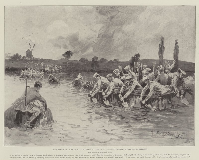 Neue Methode des Flussüberquerens durch Infanterie, getestet bei den jüngsten Militärmanövern in Deutschland von Henry Charles Seppings Wright