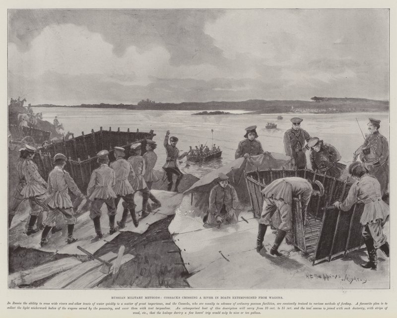 Russische Militärmethoden, Kosaken überqueren einen Fluss in improvisierten Booten aus Wagen von Henry Charles Seppings Wright