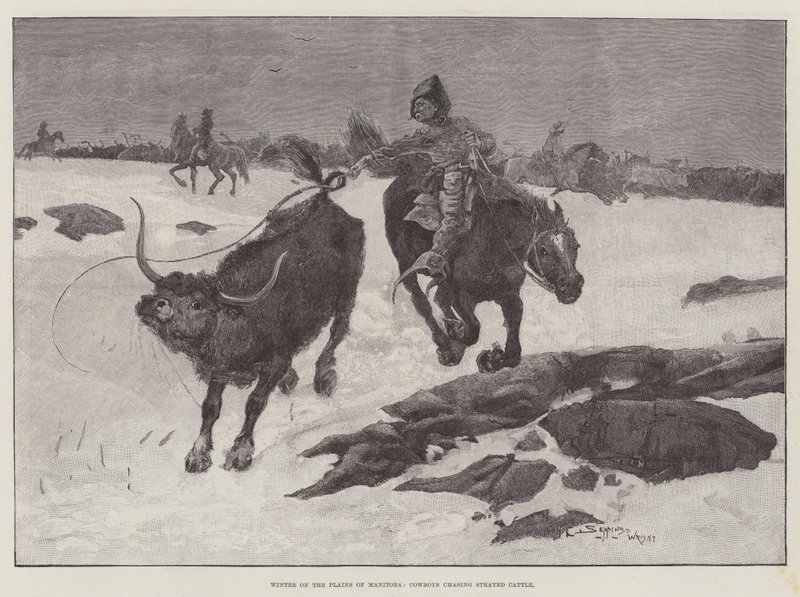 Winter auf den Ebenen von Manitoba, Cowboys jagen entlaufene Rinder von Henry Charles Seppings Wright