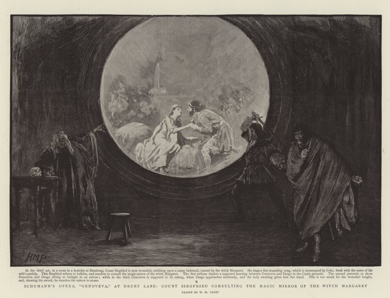 Schumanns Oper, Genoveva, im Drury Lane, Graf Siegfried konsultiert den Zauberspiegel der Hexe Margaret von Henry Marriott Paget