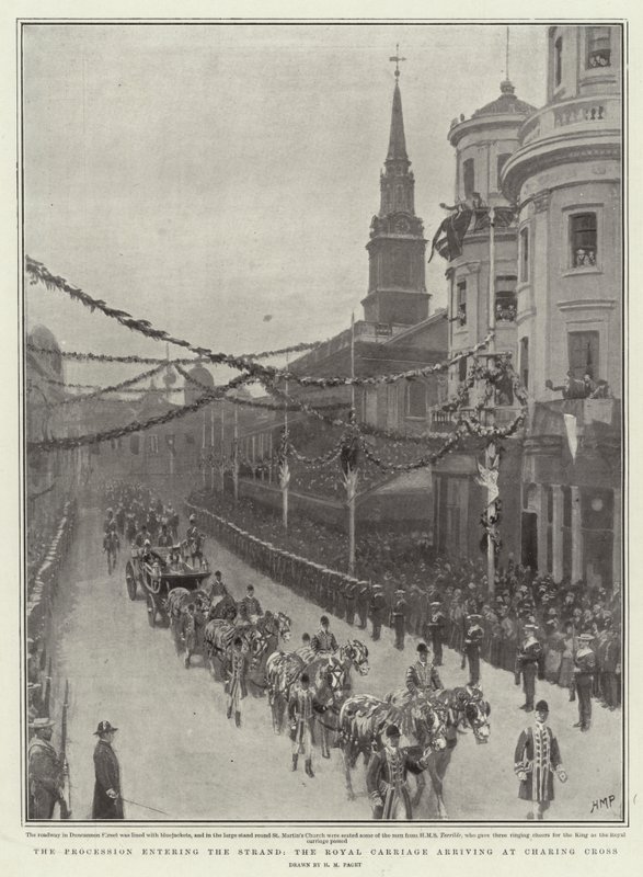 Die Prozession, die in den Strand einzieht, die königliche Kutsche kommt am Charing Cross an von Henry Marriott Paget