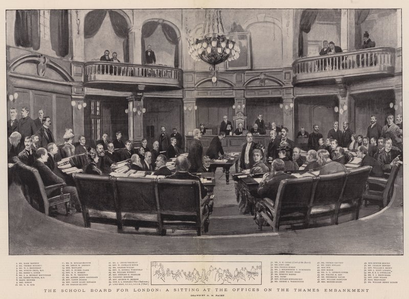 Der Schulvorstand von London, eine Sitzung in den Büros am Themseufer von Henry Marriott Paget