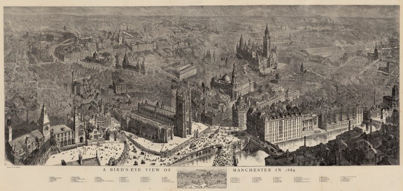 Vogelperspektive von Manchester im Jahr 1889 von Henry William Brewer