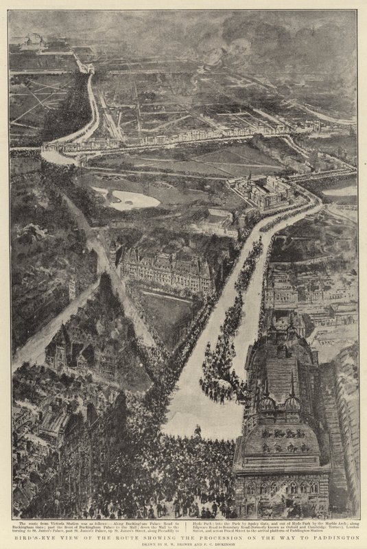 Vogelperspektive der Route, die die Prozession auf dem Weg nach Paddington zeigt von Henry William Brewer
