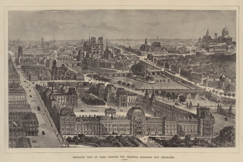 Vogelperspektive von Paris, zeigt die wichtigsten Gebäude, die jetzt zerstört sind von Henry William Brewer