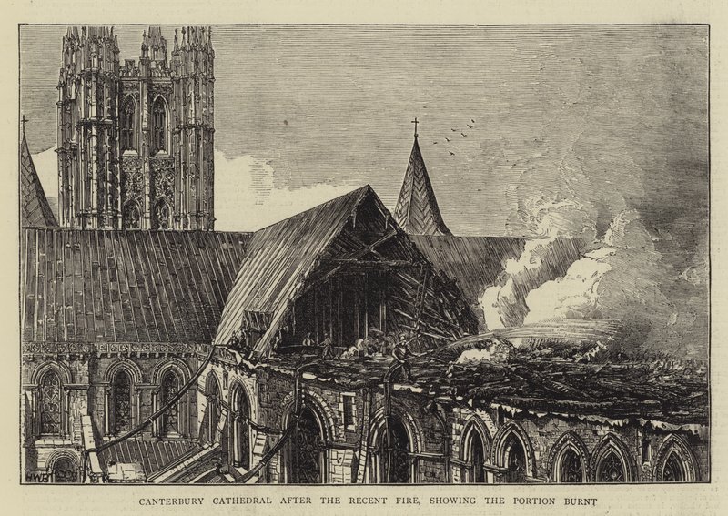 Die Kathedrale von Canterbury nach dem jüngsten Brand, zeigt den verbrannten Teil von Henry William Brewer