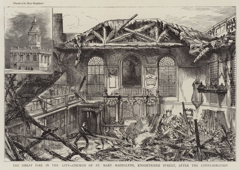 Das große Feuer in der Stadt, Kirche St. Maria Magdalena, Knightrider Street, nach dem Brand von Henry William Brewer