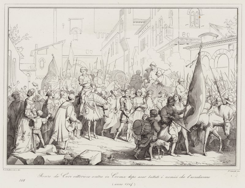 Renzo da Ceri siegreich zieht in Crema ein, nachdem er die Feinde besiegt hat, die die Stadt belagerten, 1514 von Italian School