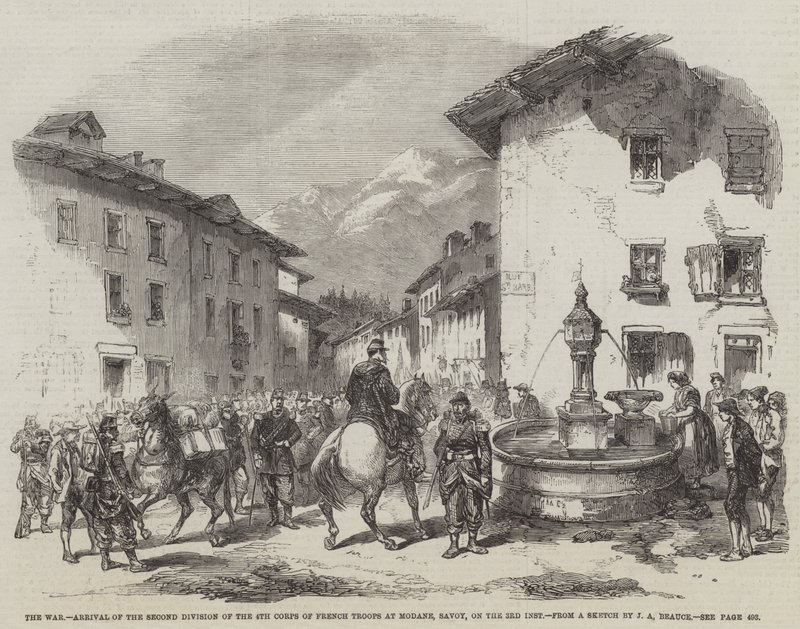 Der Krieg, Ankunft der zweiten Division des 4. Korps der französischen Truppen in Modane, Savoyen, am 3. dieses Monats von Jean Adolphe Beauce