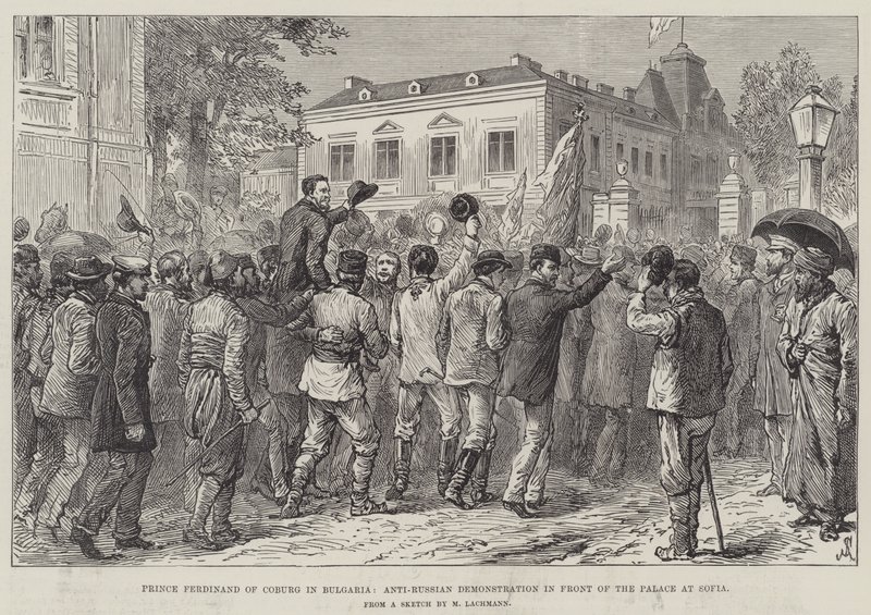 Prinz Ferdinand von Coburg in Bulgarien, Anti-Russische Demonstration vor dem Palast in Sofia von Johann Nepomuk Schonberg