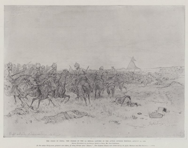 Die Krise in China, der Angriff der 1. Bengalischen Lanzenreiter in der Schlacht außerhalb von Tientsin, 19. August 1900 von Johann Nepomuk Schonberg
