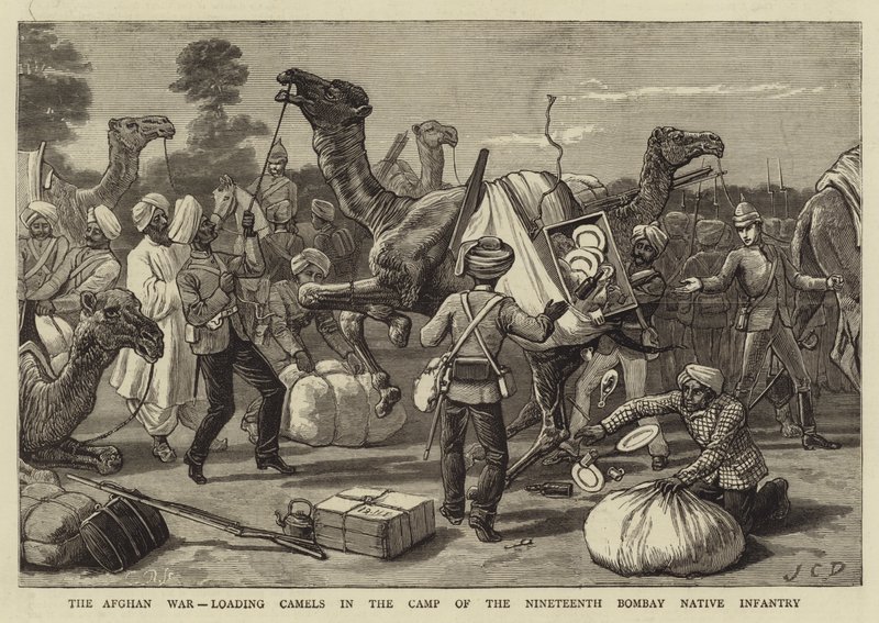 Der Afghanische Krieg, Kamele beladen im Lager der Neunzehnten Bombay Native Infantry von John Charles Dollman
