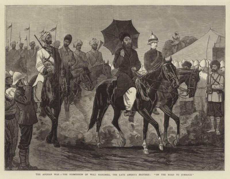 Der Afghanische Krieg, die Unterwerfung von Wali Mahomed, dem Bruder des verstorbenen Emirs, auf dem Weg nach Jumrood von John Charles Dollman