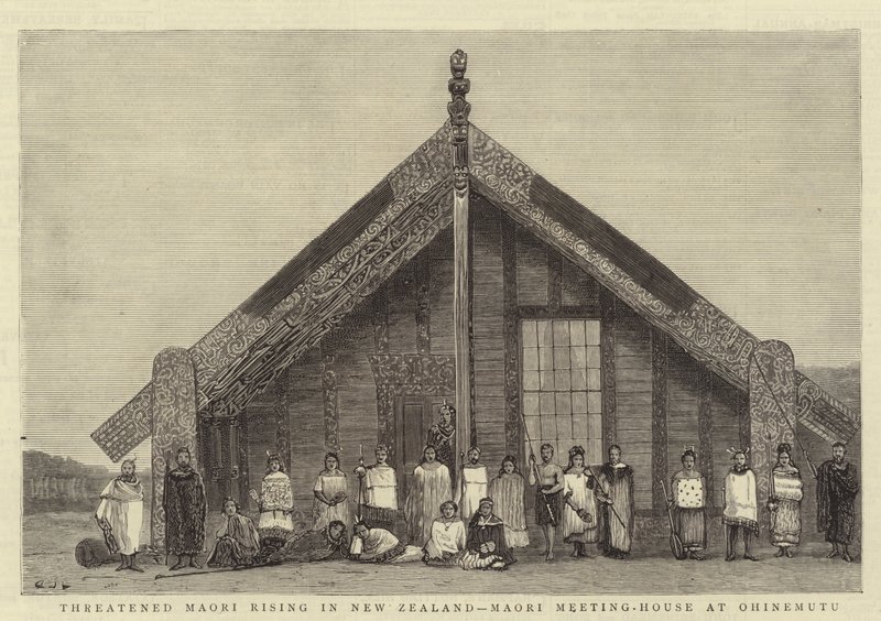 Bedrohter Maori-Aufstand in Neuseeland, Maori-Versammlungshaus in Ohinemutu von John Charles Dollman