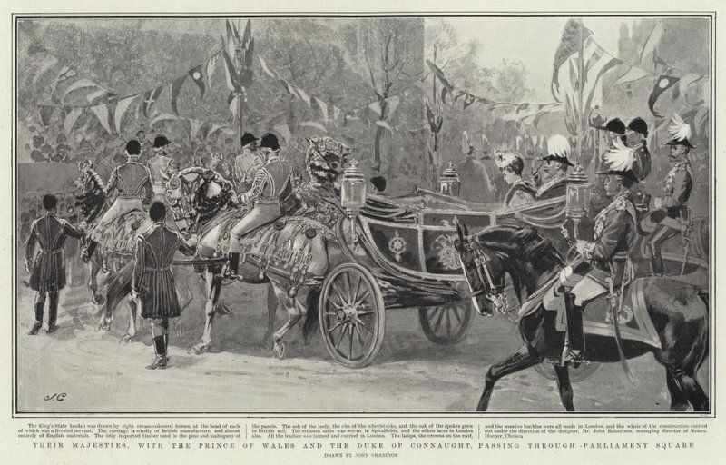 Ihre Majestäten, mit dem Prinzen von Wales und dem Herzog von Connaught, durchqueren den Parliament Square von John Charlton