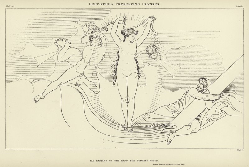 Leukothea rettet Odysseus von John Flaxman