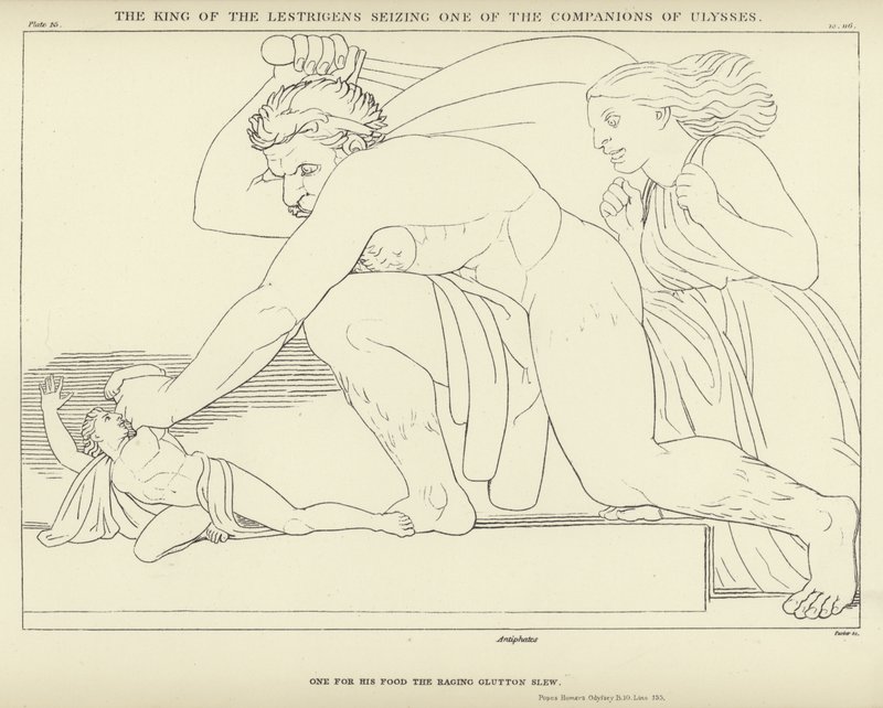 Der König der Lestrigen ergreift einen der Gefährten des Odysseus von John Flaxman