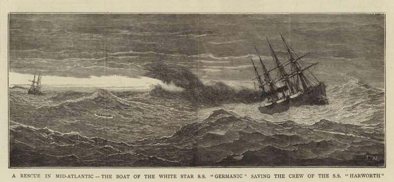 Eine Rettung im Mittelatlantik, das Boot der White Star SS Germanic rettet die Besatzung der SS Harworth von Joseph Nash