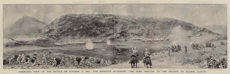 Panoramablick auf die Schlacht am 21. Oktober 1899, die Infanterie greift die Burenstellung auf den Höhen bei Elands Laagte an von Joseph Nash