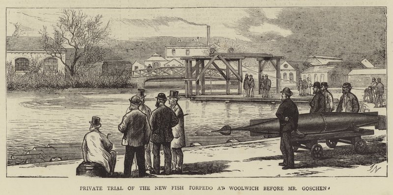 Private Erprobung des neuen Fisch-Torpedos in Woolwich vor Mr. Goschen von Joseph Nash