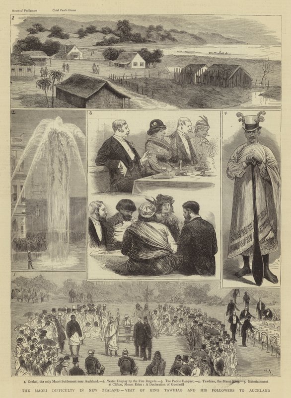 Die Maori-Schwierigkeit in Neuseeland, Besuch von König Tawhiao und seinen Anhängern in Auckland von Joseph Nash