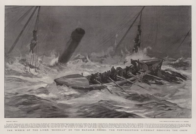 Das Wrack des Liners Mohegan auf den Manacle Rocks, das Rettungsboot von Porthoustock rettet die Besatzung von Joseph Nash