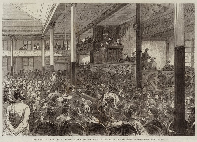 Das Recht auf Versammlung in Paris, M. Ducasse spricht im Salle des Folies-Belleville von Jules Pelcoq
