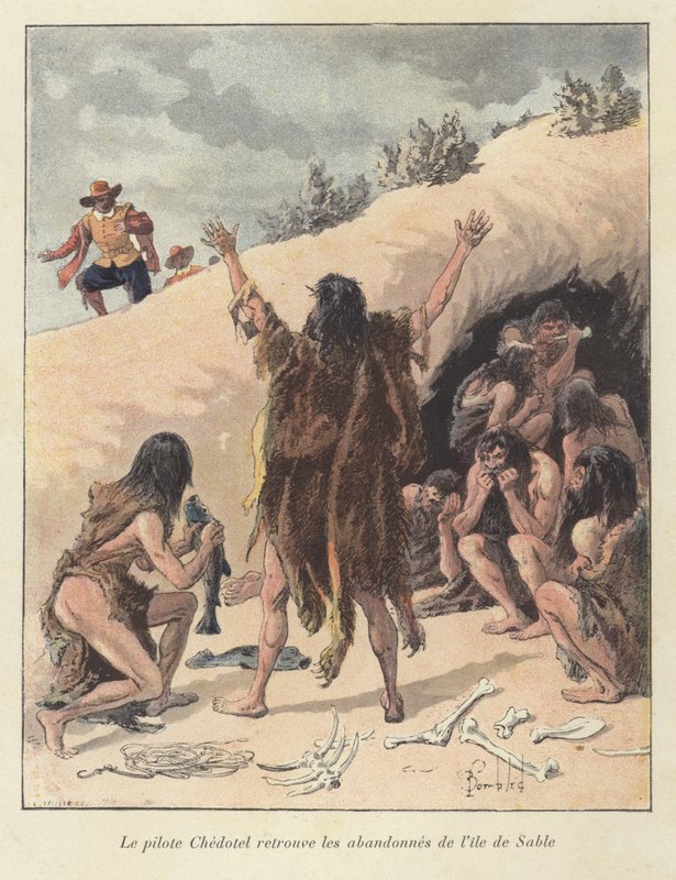 Der Pilot Chedotel findet die überlebenden Mitglieder der französischen Kolonie auf der Ile de Sable, Kanada, um 1600 von Louis Charles Bombled