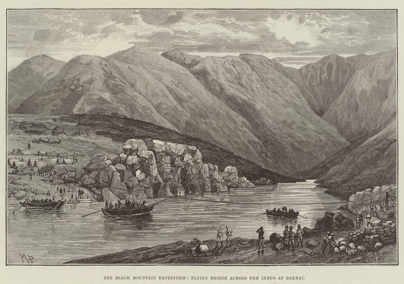 Die Schwarze Berg-Expedition, Fliegende Brücke über den Indus bei Bakrai von Melton Prior