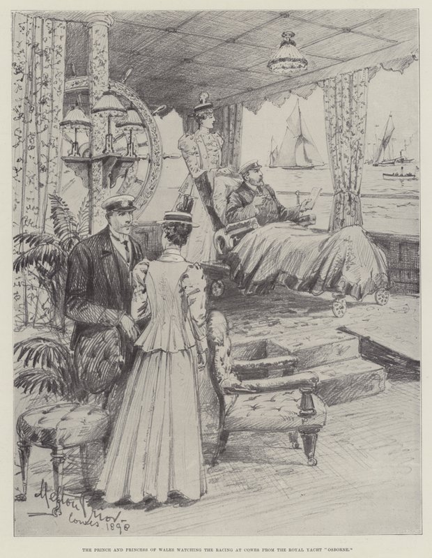 Der Prinz und die Prinzessin von Wales beobachten das Rennen in Cowes von der königlichen Yacht Osborne von Melton Prior