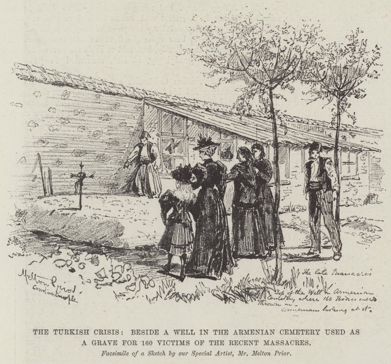 Die türkische Krise, neben einem Brunnen auf dem armenischen Friedhof, der als Grab für 160 Opfer der jüngsten Massaker genutzt wurde von Melton Prior