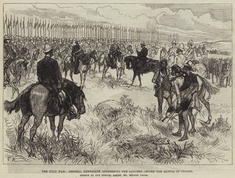 Der Zulukrieg, General Newdigate spricht die Lanzenreiter vor der Schlacht von Ulundi an von Melton Prior