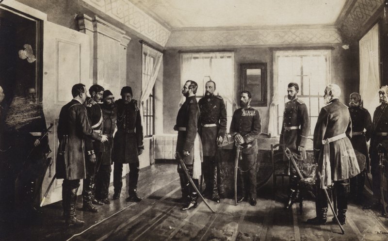 Der gefangene osmanische General Osman Pascha wird nach der Kapitulation bei der Belagerung von Pleven dem Zaren Alexander II. von Russland vorgestellt, Russisch-Türkischer Krieg 1877-1878 von Nikolai Dmitrievich Dmitriev Orenburgsky