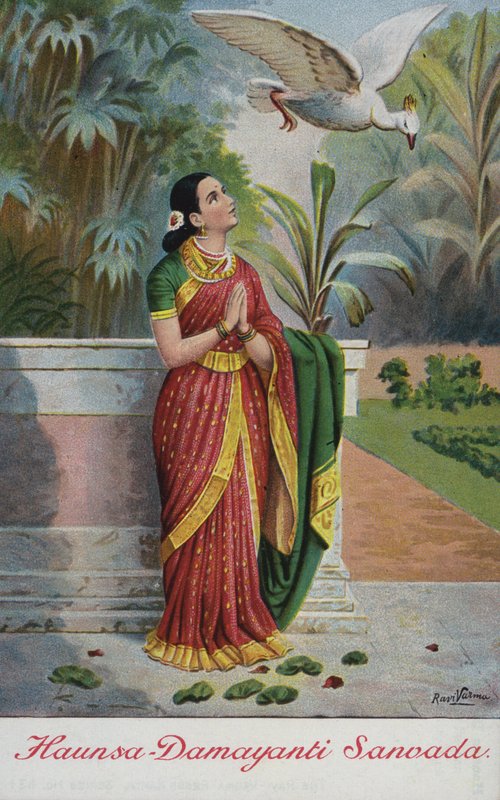Der Vogel Haunsa preist die Tugenden von König Nala vor Damayanti in ihrem Garten von Raja Ravi Varma