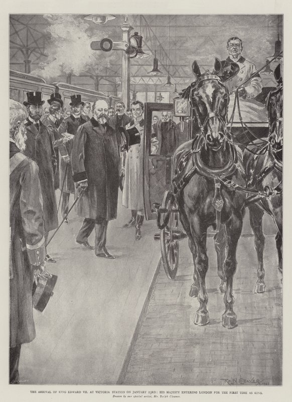 Die Ankunft von König Edward VII am Victoria-Bahnhof am 23. Januar, Seine Majestät betritt London zum ersten Mal als König von Ralph Cleaver