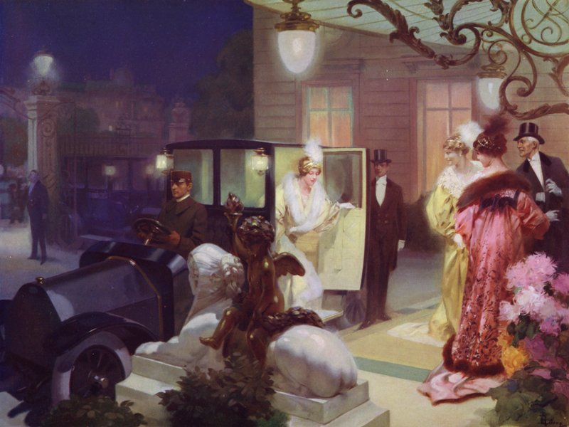 Reiche Dame kommt mit dem Auto zum Abendessen von Rene Lelong