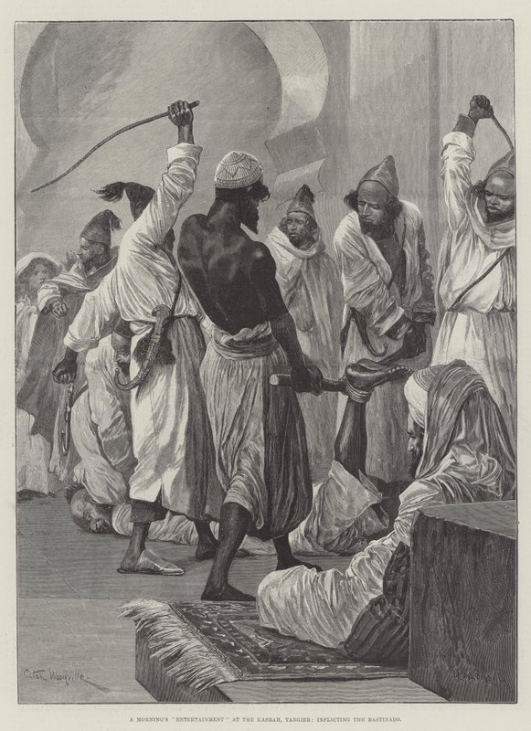 Morgendliche Unterhaltung in der Kasbah, Tanger, Verhängung der Bastonade von Richard Caton Woodville junior