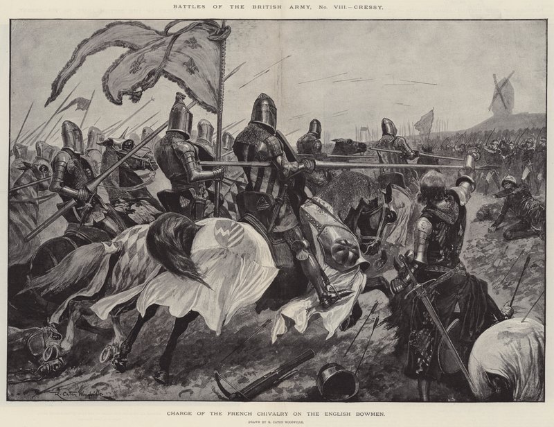 Schlachten der britischen Armee, Cressy, Angriff der französischen Ritterschaft auf die englischen Bogenschützen von Richard Caton Woodville junior