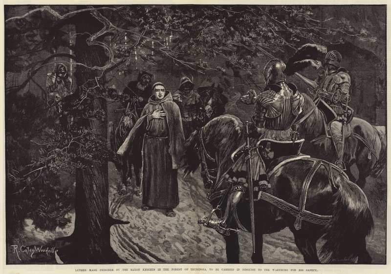 Luther wird von den sächsischen Rittern im Thüringer Wald gefangen genommen, um zu seiner Sicherheit verkleidet zur Wartburg gebracht zu werden von Richard Caton Woodville junior