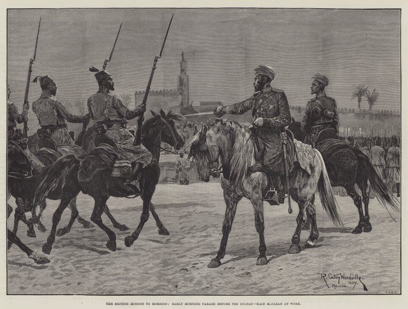 Die britische Mission in Marokko, Frühparade vor dem Sultan, Kaid Maclean bei der Arbeit von Richard Caton Woodville junior