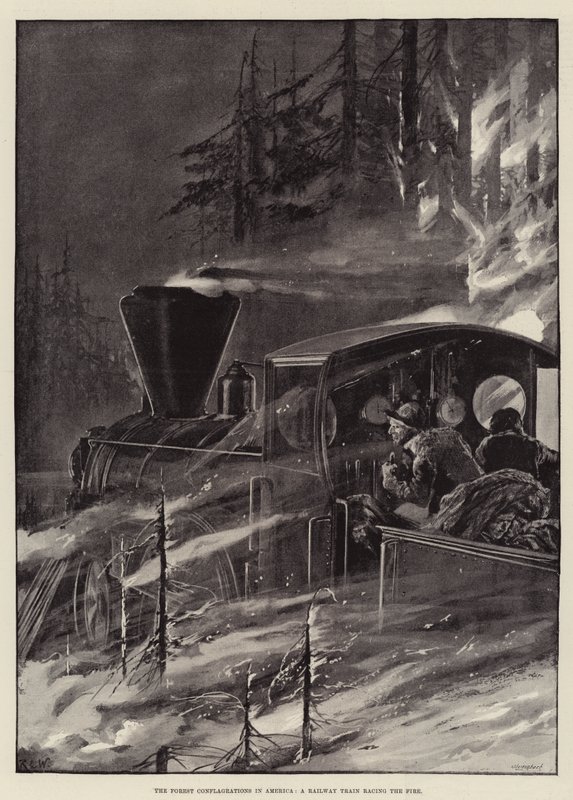 Die Waldbrände in Amerika, ein Eisenbahnzug rast vor dem Feuer von Richard Caton Woodville junior