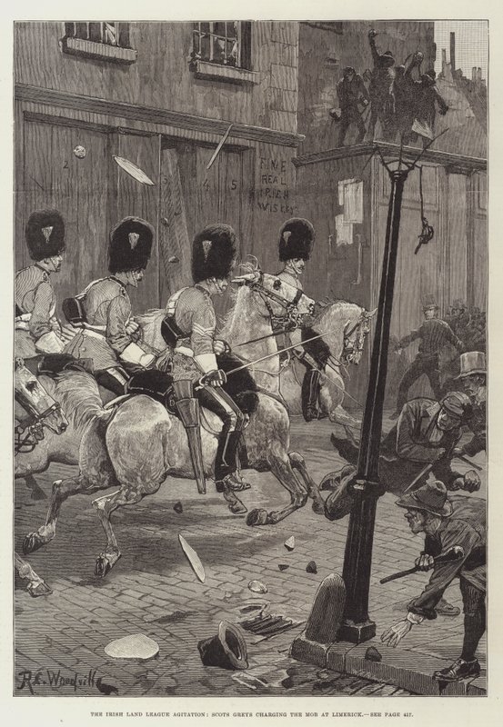 Die Agitation der Irish Land League, Scots Greys stürmen den Mob in Limerick von Richard Caton Woodville junior