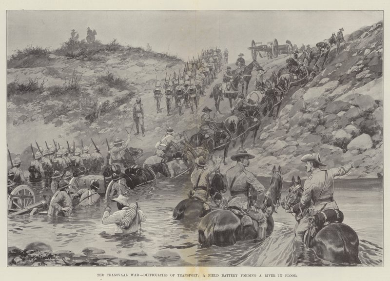 Der Transvaal-Krieg, Transportprobleme, eine Feldbatterie durchquert einen überfluteten Fluss von Richard Caton Woodville junior