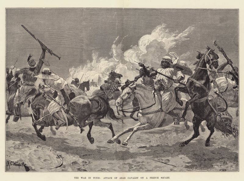 Der Krieg in Tunis, Angriff der arabischen Kavallerie auf ein französisches Quadrat von Richard Caton Woodville junior