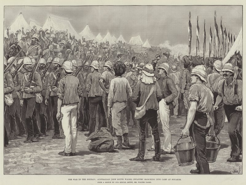 Der Krieg im Sudan, australische (New South Wales) Infanterie marschiert ins Lager in Souakim von Sidney Paget