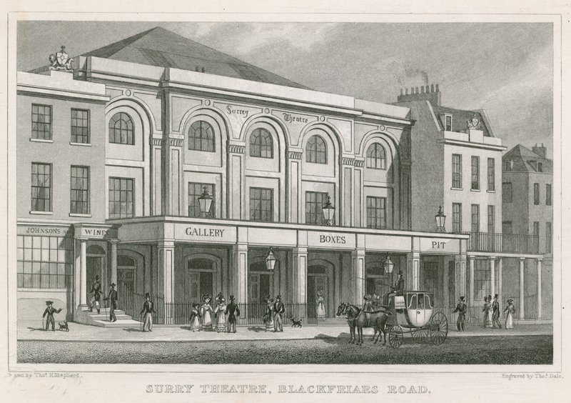 Surrey Theatre, Blackfriars Road, London (Gravur) von Thomas Hosmer Shepherd