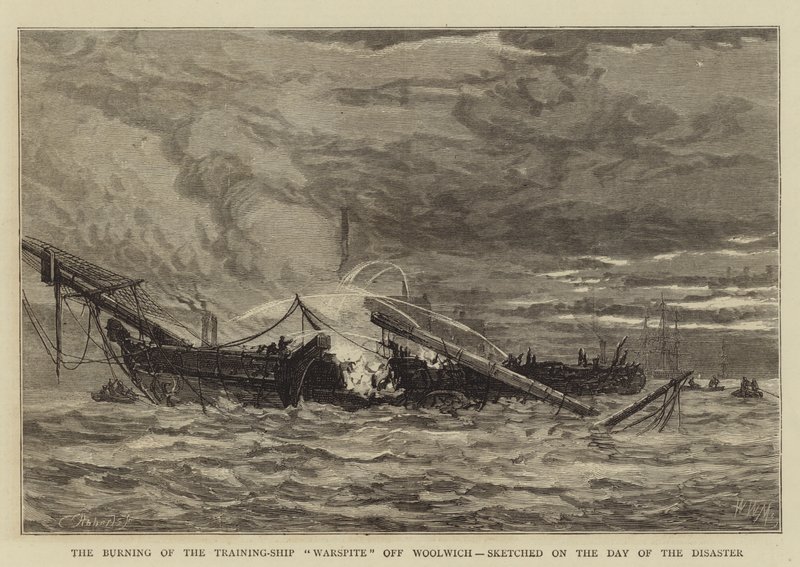 Das Brennen des Ausbildungsschiffs Warspite vor Woolwich, skizziert am Tag der Katastrophe von Walter William May