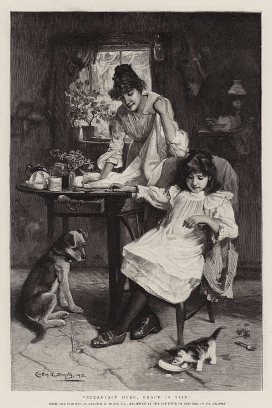 Frühstück beendet, das Tischgebet wird gesprochen (Gravur) von Walter Granville Smith