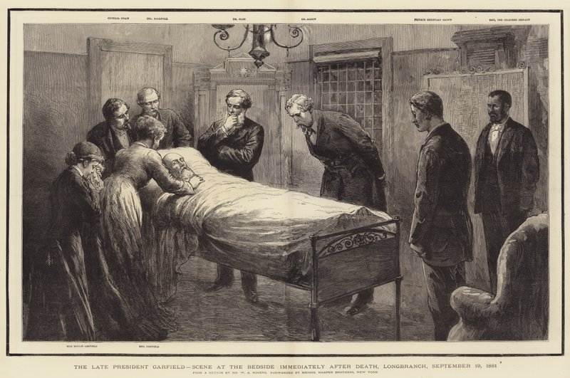 Der verstorbene Präsident Garfield, Szene am Bett unmittelbar nach dem Tod, Longbranch, 19. September 1881 von William Allen Rogers